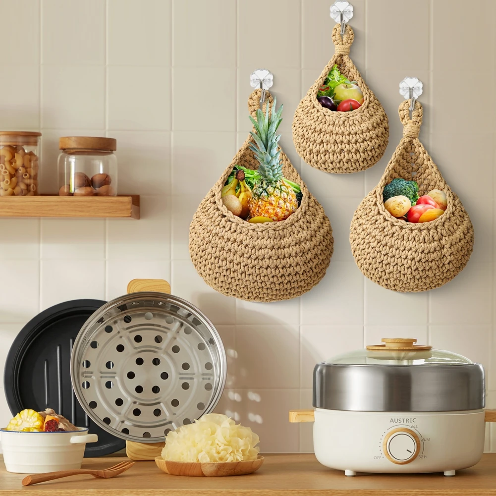 Bohemian Hand-Woven Hanging Vegetable Fruit Basket Indoor Outdoor Ecological Wall Hanging Basket Home Vintage Decorative Gift