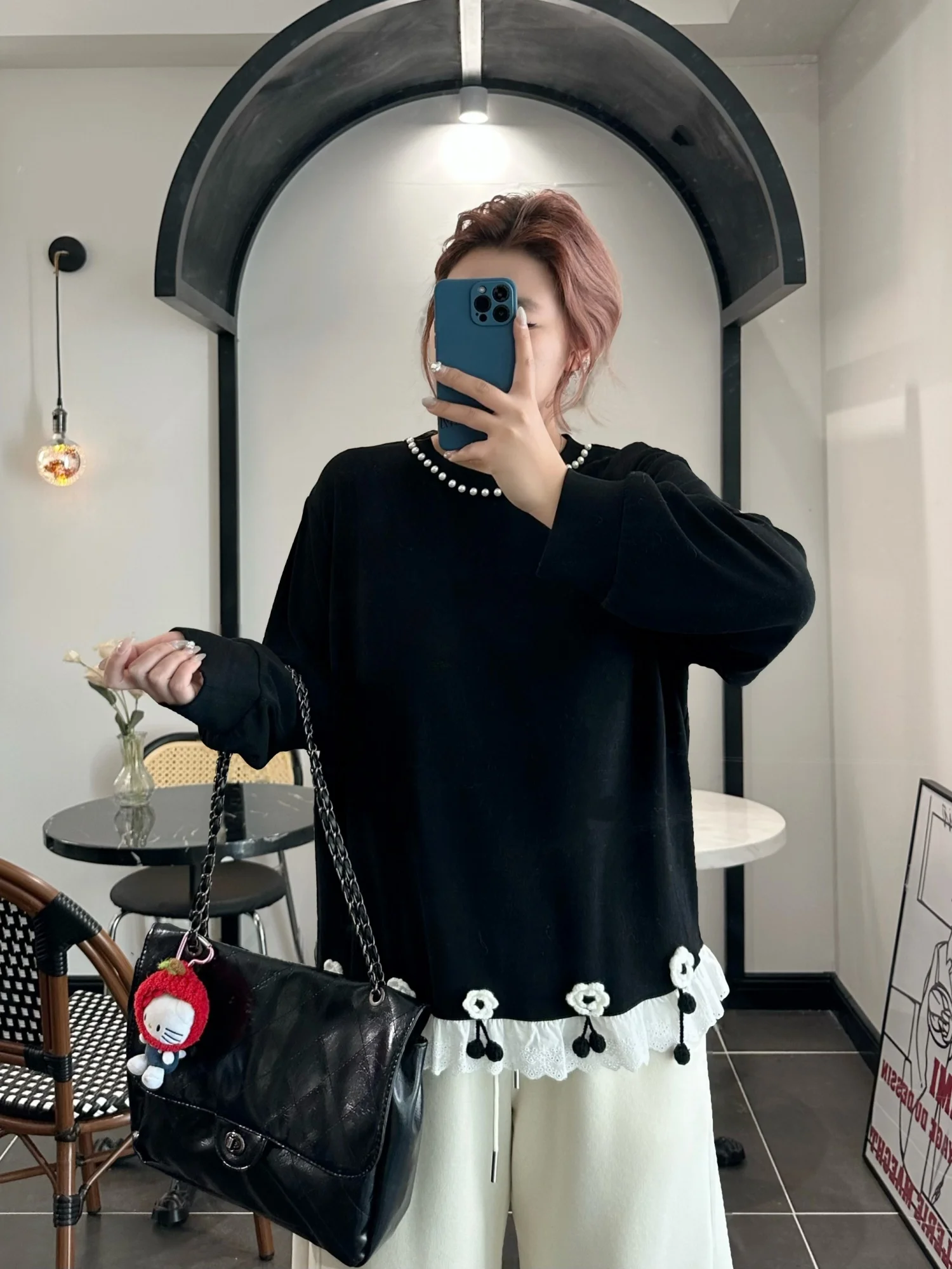 

plus Size Women's round Neck Sweatshirt Lace Design Loose Casual Versatile Thickened Spring Korean Style Streetwear