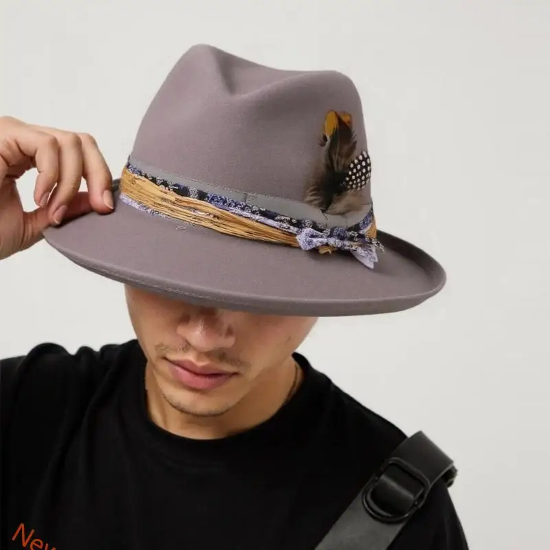 

Ethnic Colorblocked Fedoras Hat Feathered Woven Belt Top Hat for Various Occasion