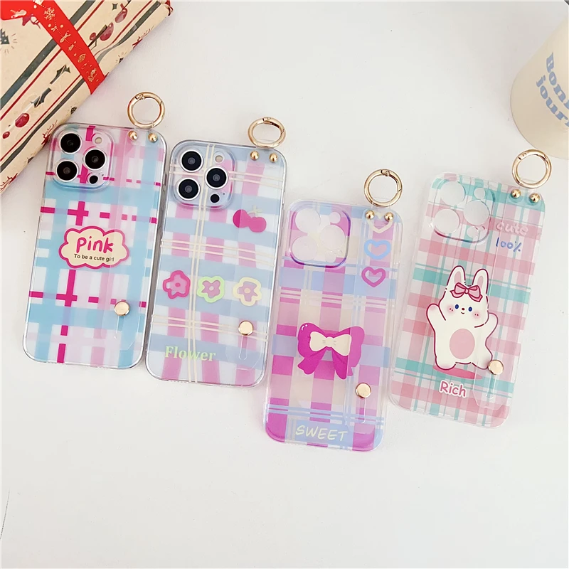 

Disney New Wristband Holder Pink Rabbit Minnie Mickey Soft Silicone Case for iPhone 15 Pro Max 14 13 12 Pro 11 Cute Back Cover