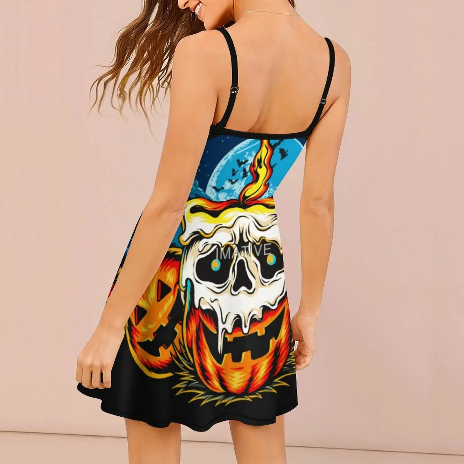 Halloween Skull Crazy (1) Top Quality Sexy  Woman's Gown Women's Sling Dress Humor Graphic Cocktails Dresses