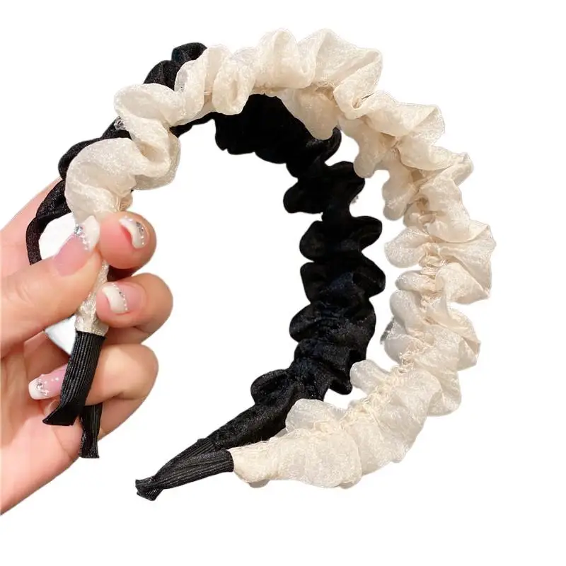 عصابة رأس شبكية مطوية - رباط شعر نسائي من حجر الراين اللامع، لون خالص ومتعدد الاستخدامات لغسل الوجه اليومي/الوجه