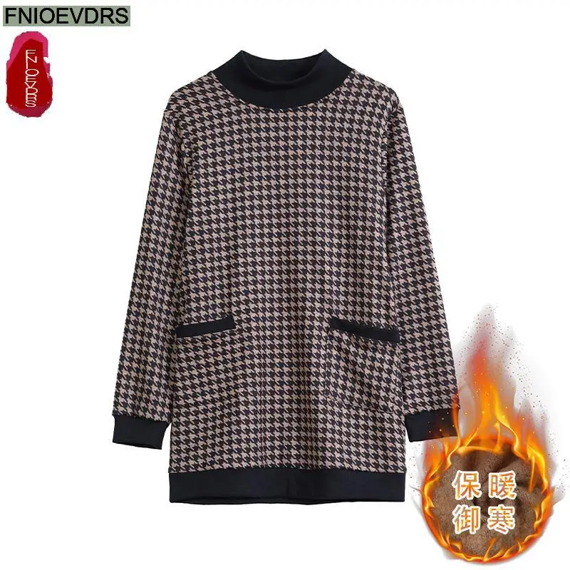 L-5XL Loose Clothes Women Winter Warm Thick Basic Wear Plaid Shirts Elegant Office Lady Casual Retro Vintage Peplum Tops Blouses