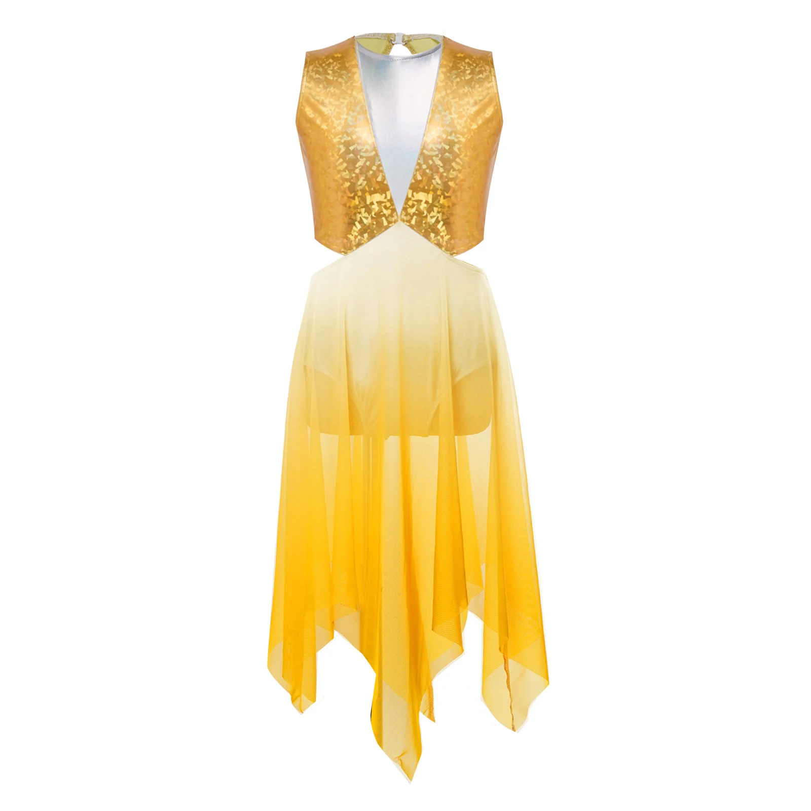 Kids Girls Lyrical Ballet Jazz Dance Dresses Cutout Waist Keyhole Back Metallic Bodice Asymmetrical Gradient Color Mesh Dress - view 3