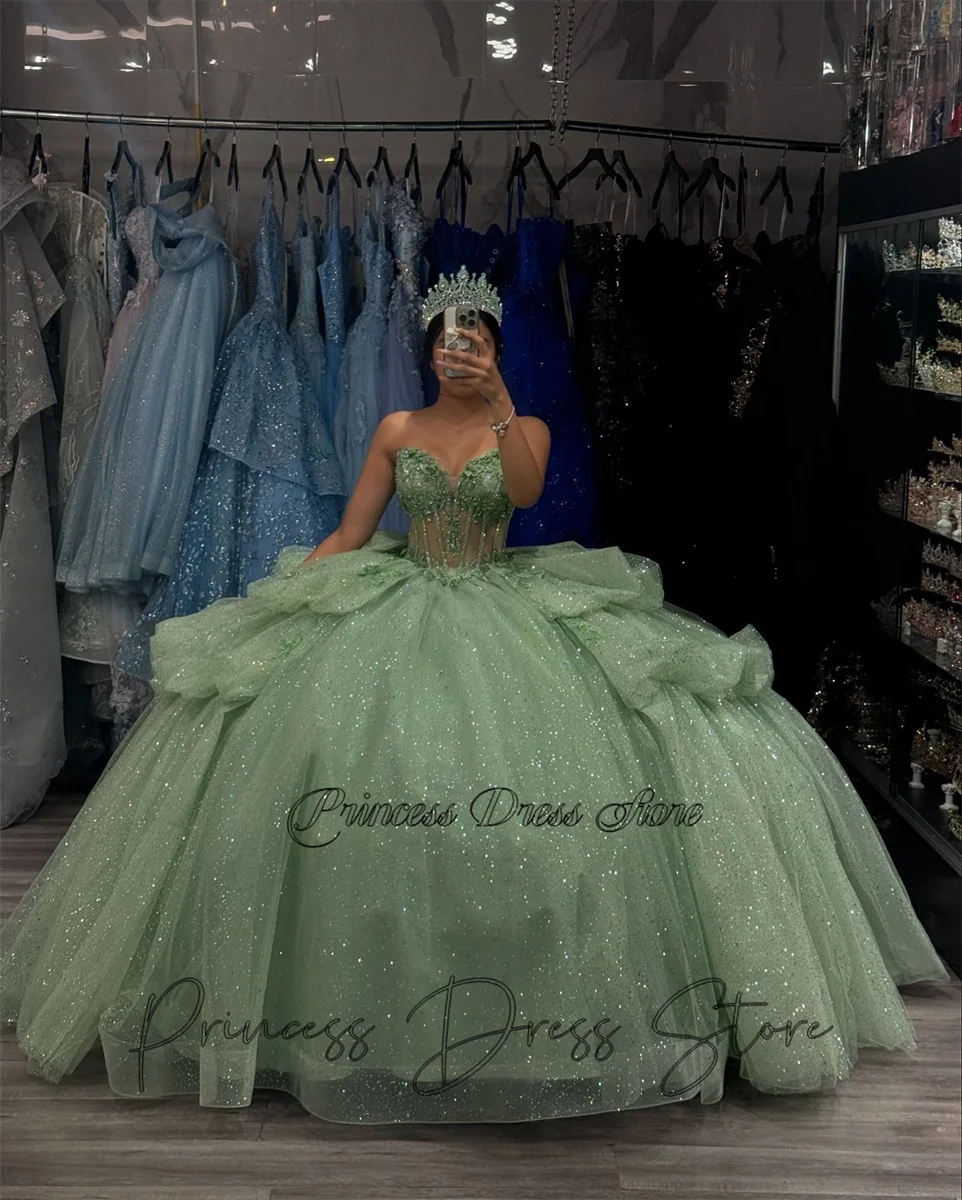 Elegante vestido para quinceañeras verde menta brillante vestido De baile México apliques florales 3D corsé con lazo con cuentas dulce 16 Vestidos De 15 Años