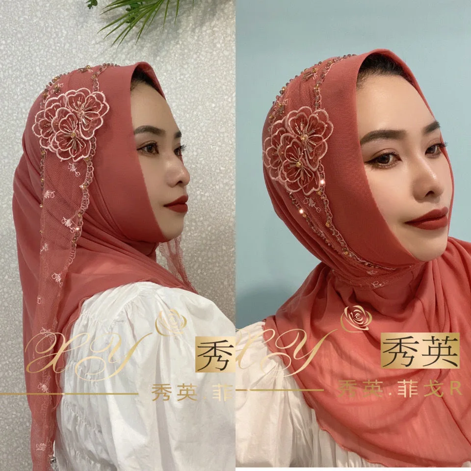 Appliques Muslim Girls Instant Easy Wear Hijabs Soft Shawls