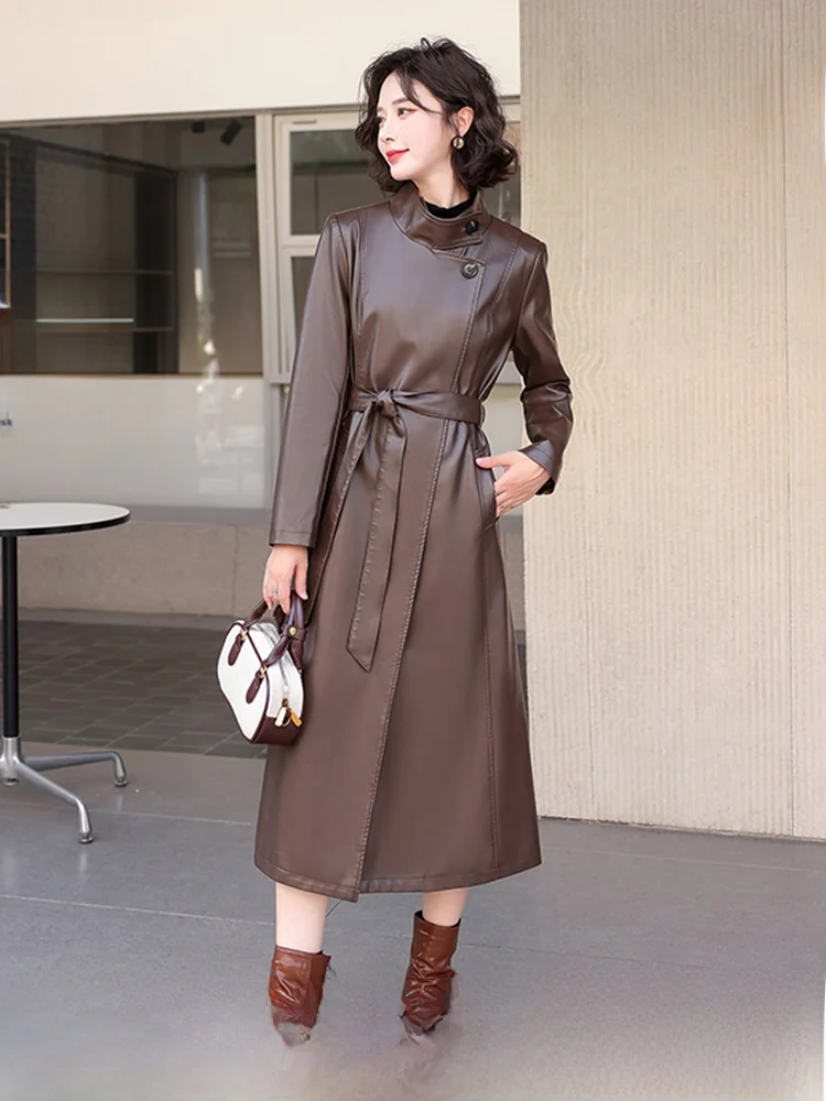 

Ning Genuine Leather Coat Women's Mid-Length Over-Knee Spring New Sle Luxury eepskin Bla Coat Outerwear