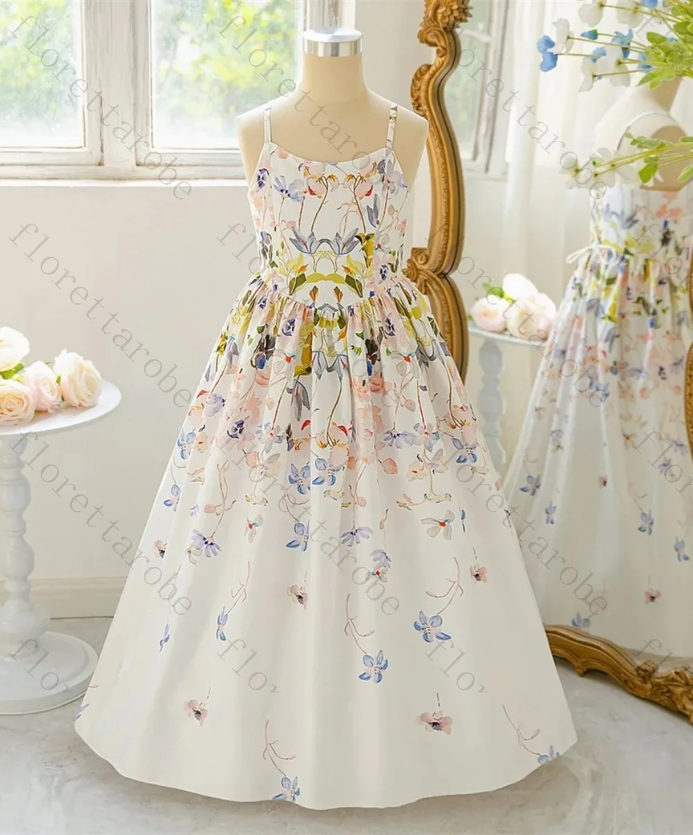 Customized White Floral Print Kids Maxi Dress Spaghetti Strap Square Neck A Line Floor Length Gown for Wedding Birthday or Party