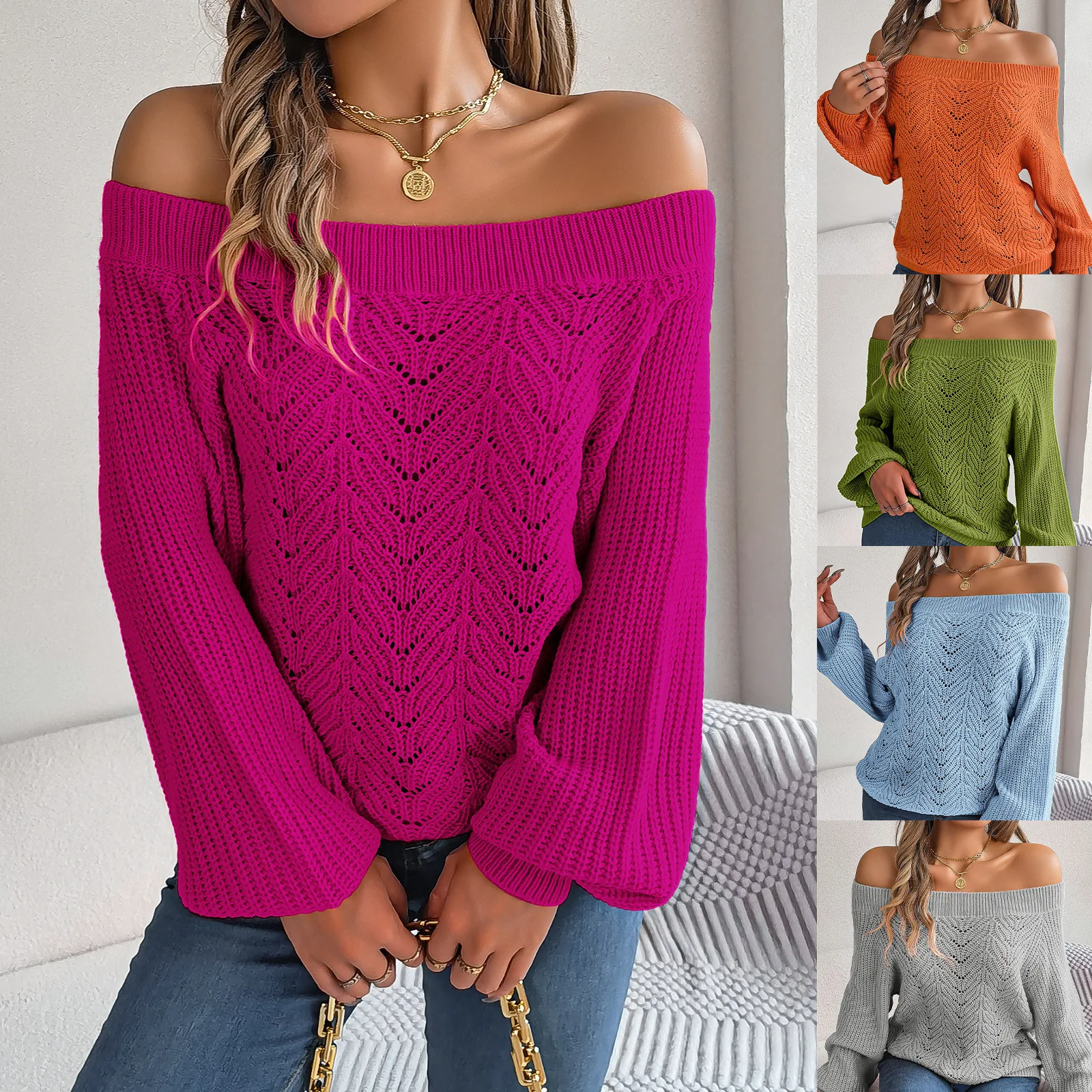 

Autumn Winter Women Sexy Hollow Off Shoulder Knitted Sweater Casual Solid One Line Collar Lantern Sleeve Tops