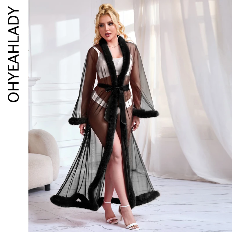 Ohyeahlady Women's Black Nightgowns Transparent Sheer Mesh Robe Set Long Nightie Sleepwear Dress Big Size Sexy Lingerie with Fur