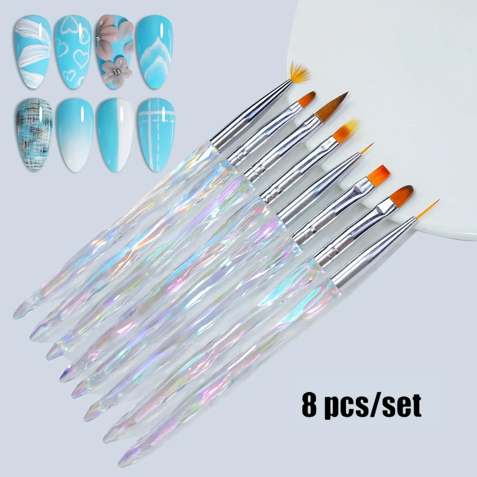 8pcs/set Aurora Gradient Acrylic Nail Art Painting Pens for Nail Design Soft Slender Brush Gradient Gel Drawing DIY Brush