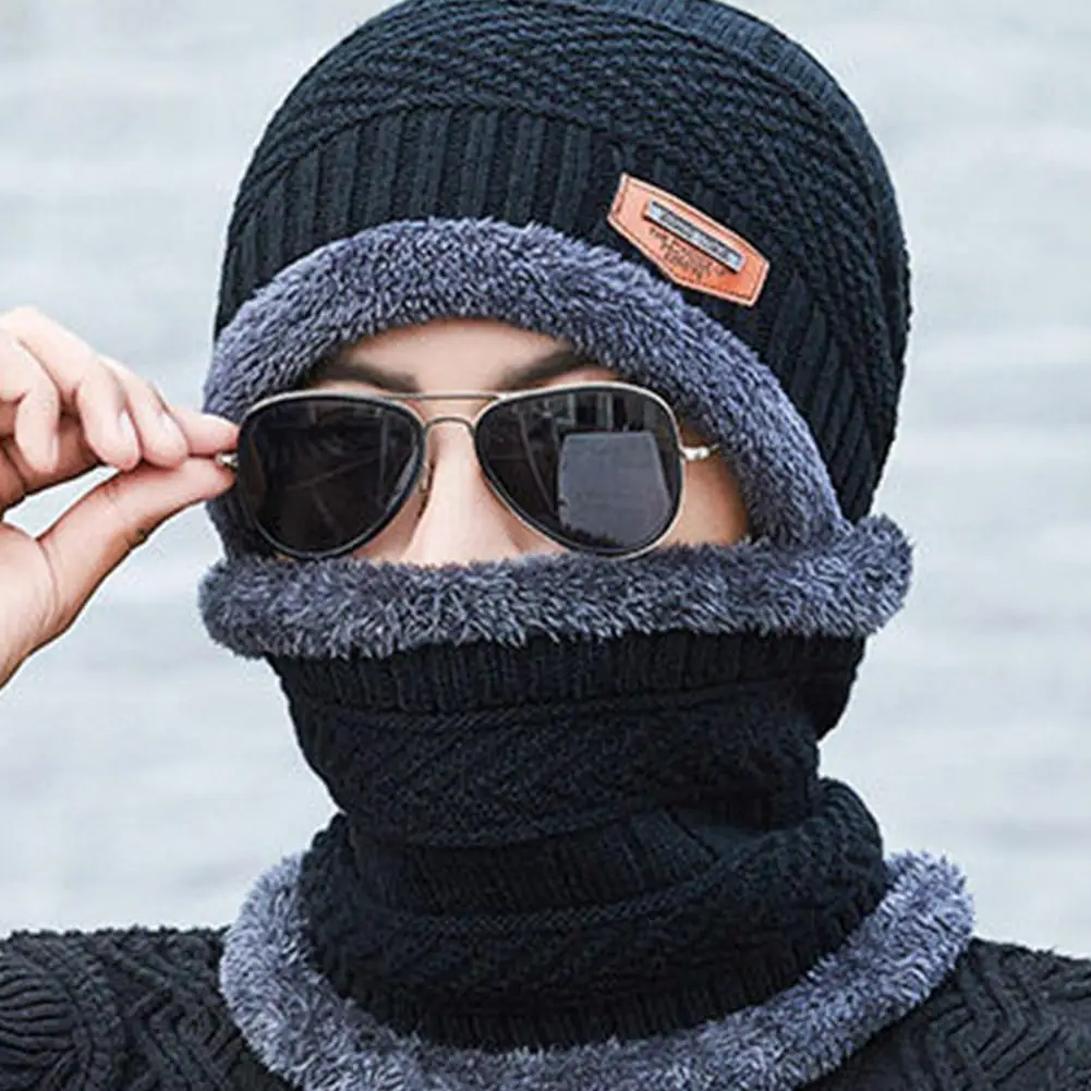 Gorro de inverno com lenços para homens, chapéu de malha, gorro feminino de lã grossa, cachecol de pescoço, balaclava, máscara, chapéus