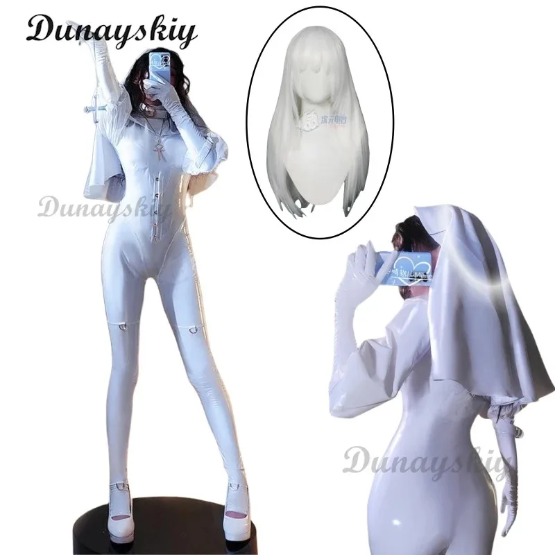 أنيمي التصميم الأصلي تشوبي نون تأثيري حلي راهبة أبيض أسود بولي Leather الجلود بذلة مثير ارتداءها النساء نون تأثيري