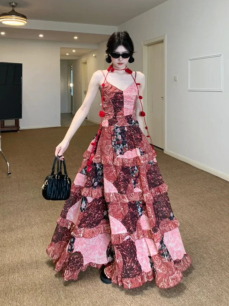 Elegância francesa emendado floral com decote em v sem mangas halter em camadas vestido feminino doce chique impressão praia férias estilo roupas de verão