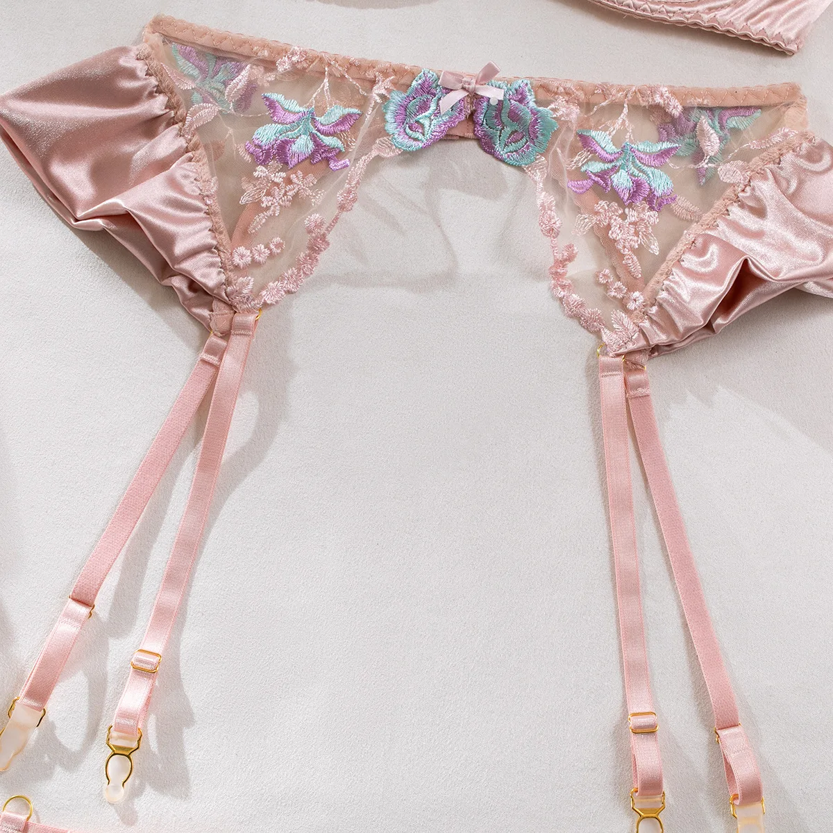 Lencería Sensual para mujer, ropa interior de seda transparente Floral elegante, liguero transparente, conjuntos exótico