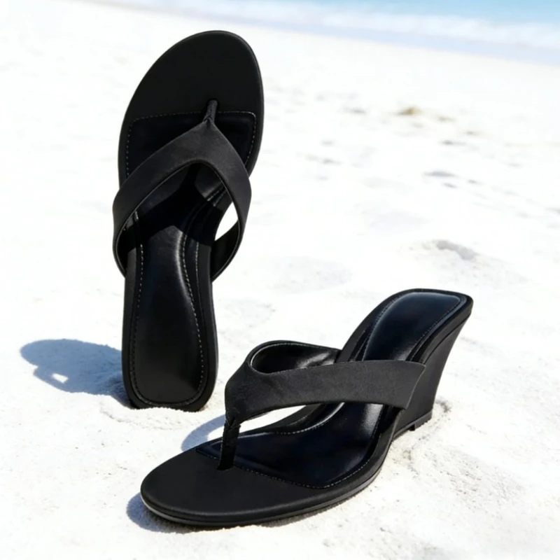 

Черные атласные сандалии на танкетке для женщин, сексуальные летние пляжные шлепанцы с застежкой на пальцах, удобные нескользящие сандалии-слайды, Sandalias De Mujer