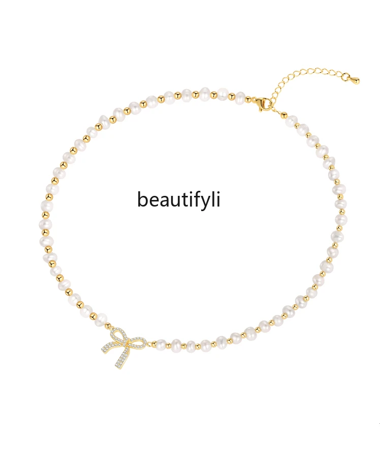 

Natural freshwater pearl necklace women's bow niche light luxury collarbone chain accessories