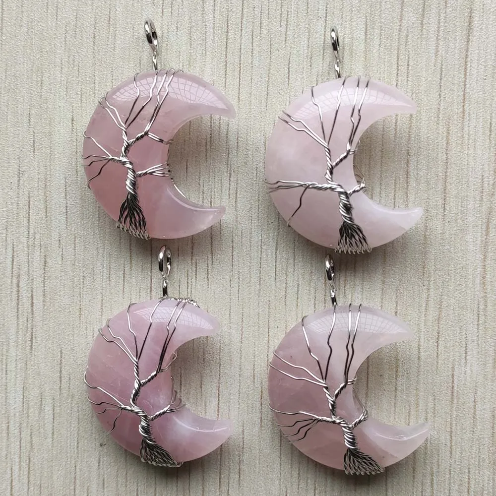 

Natural roses quartz stone Handmade tree Of Life Moon Shape pendants for For Necklaces Jewelry Wholesale 4pcs/lot fast shipping