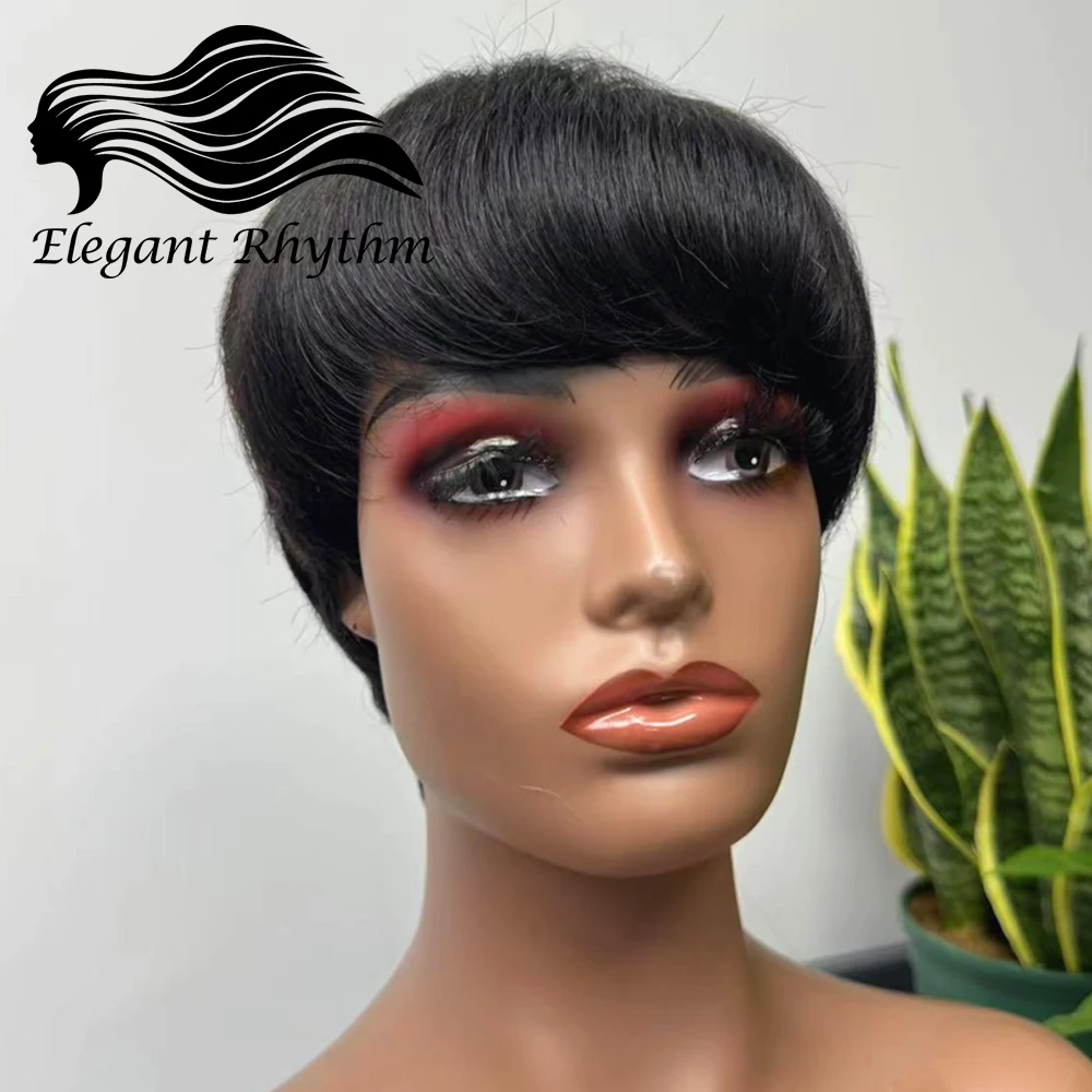 Short Pixie Cut Human Hair Glueless Wigs for Black Women Short Bob Hair Wig with Bangs Natural Black Pixie Cuts Straight Wigs