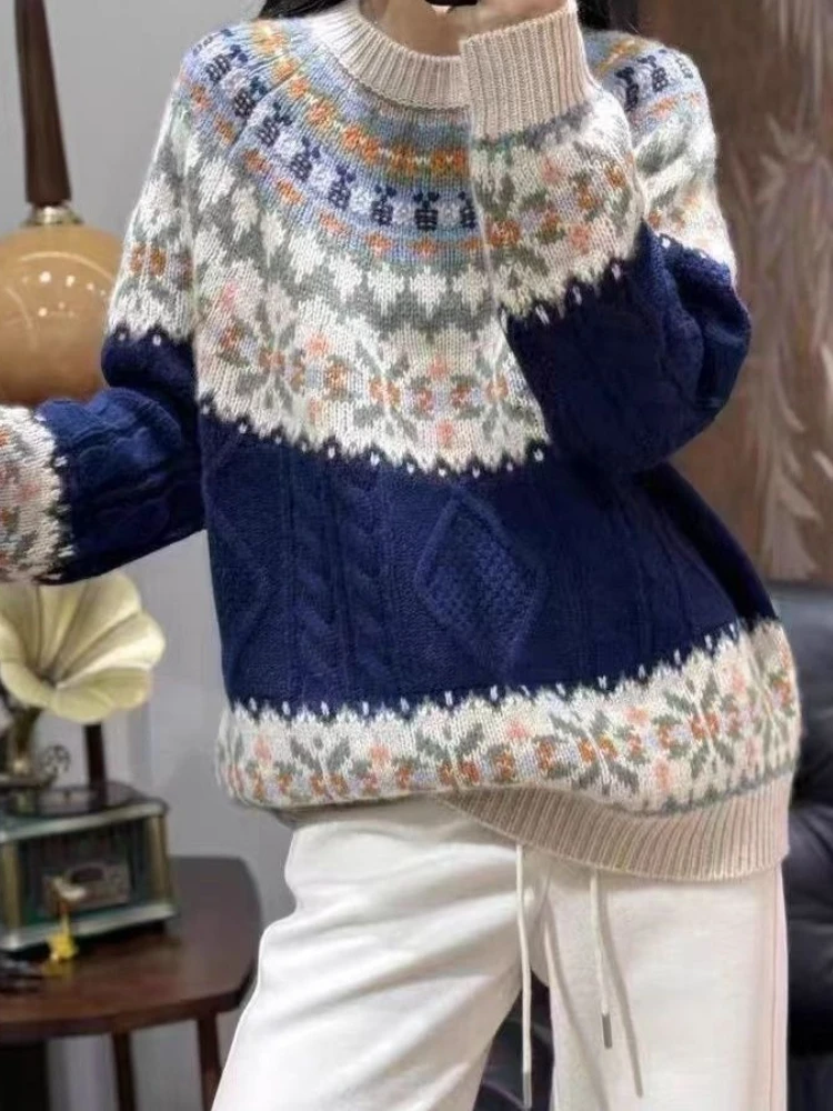 

Autumn and Winter Fashion New Women's Elegant Design Loose Sweater Fel Island Jacquard Cashmere Casual Sweater Sueter Mujer