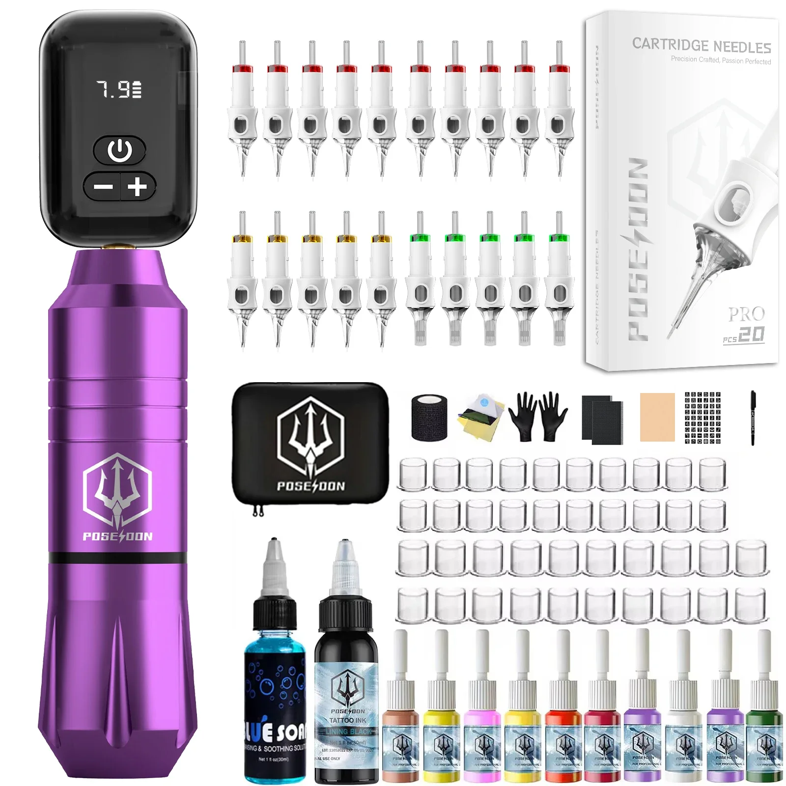 POSEIDON Tattoo Kit 20 V6 Tattoo Nadeln Tattoo Stift Kit Für Permanent Make-Up Tattoo Maschine Kit Lila Drahtlose Tattoo Gun Kit