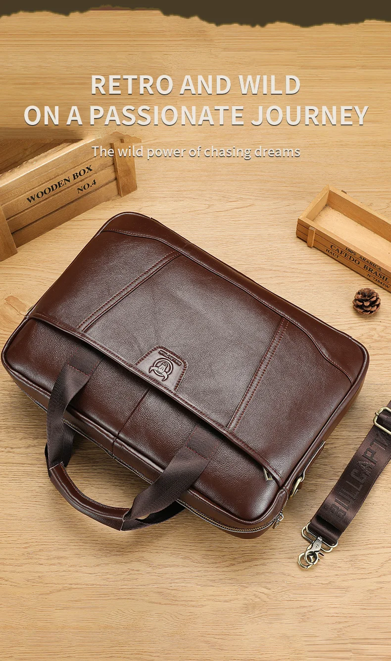 BULLCAPTAIN Men's Briefcase Bag Top Layer Leather Handcrafted Laptop Bag with Multiple Compartments Business Shoulder Messenger