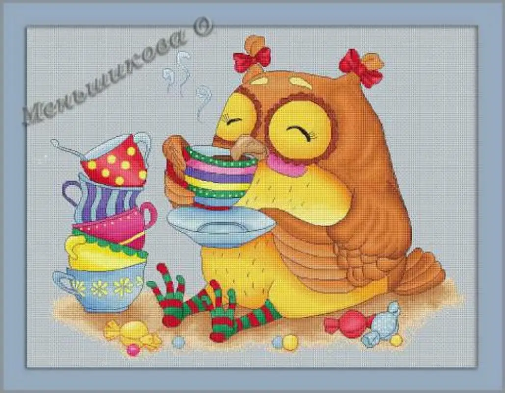 The Cat Owl Drinking Tea49-40 Needlework Kit  Cross Stich  Set DIY Kits Cross-stitch Embroidery Set Stitch Kit