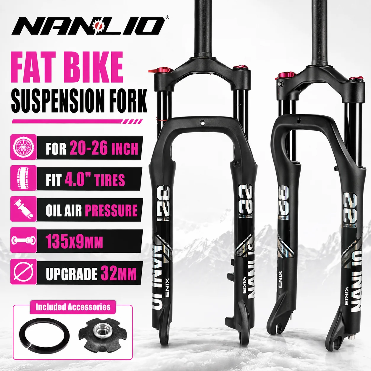 

Nanlio Fat Bike Air Oil Suspension Fork 32mm 20-26 Inch 4.0 Tire 135x9mm QR Snow MTB E-Bike Front Fork Disc Brake Bicycle Parts