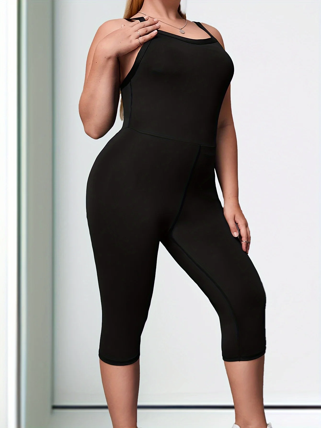 

Plus Size Women's Stretchy Bodycon Yoga Cropped jumpsuit Hollow Mesh Black Sleeveless Romper Overalls For Woman Clothing 0XL-4XL