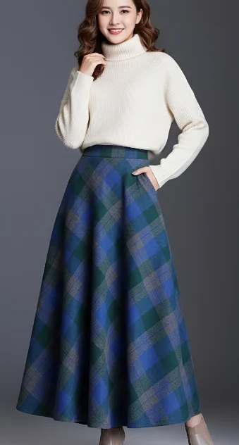 

Autumn Winter Plaid A- Line Midi Skirt Women's Retro High Waist Slimming Plaid Print Long Skirt Large Hem Woolen Skirt