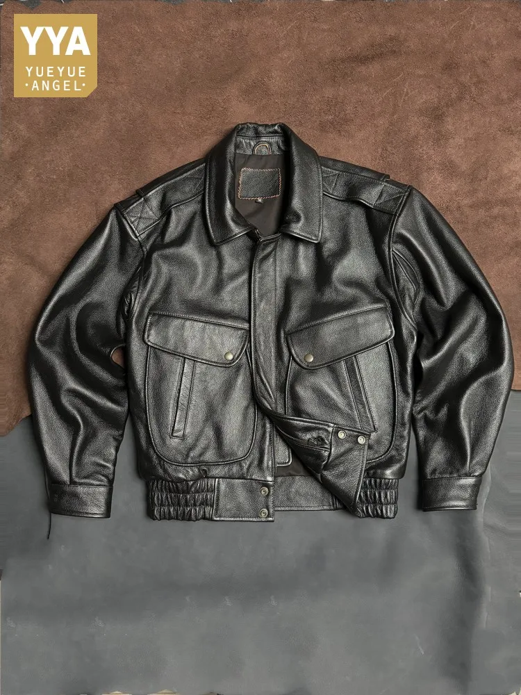Vintage Mens Loose Fit Cowhide Genuine Leather Jacket Autumn Winter Moto Biker Windproof Outwear Coat Harajuku Oversized Jackets