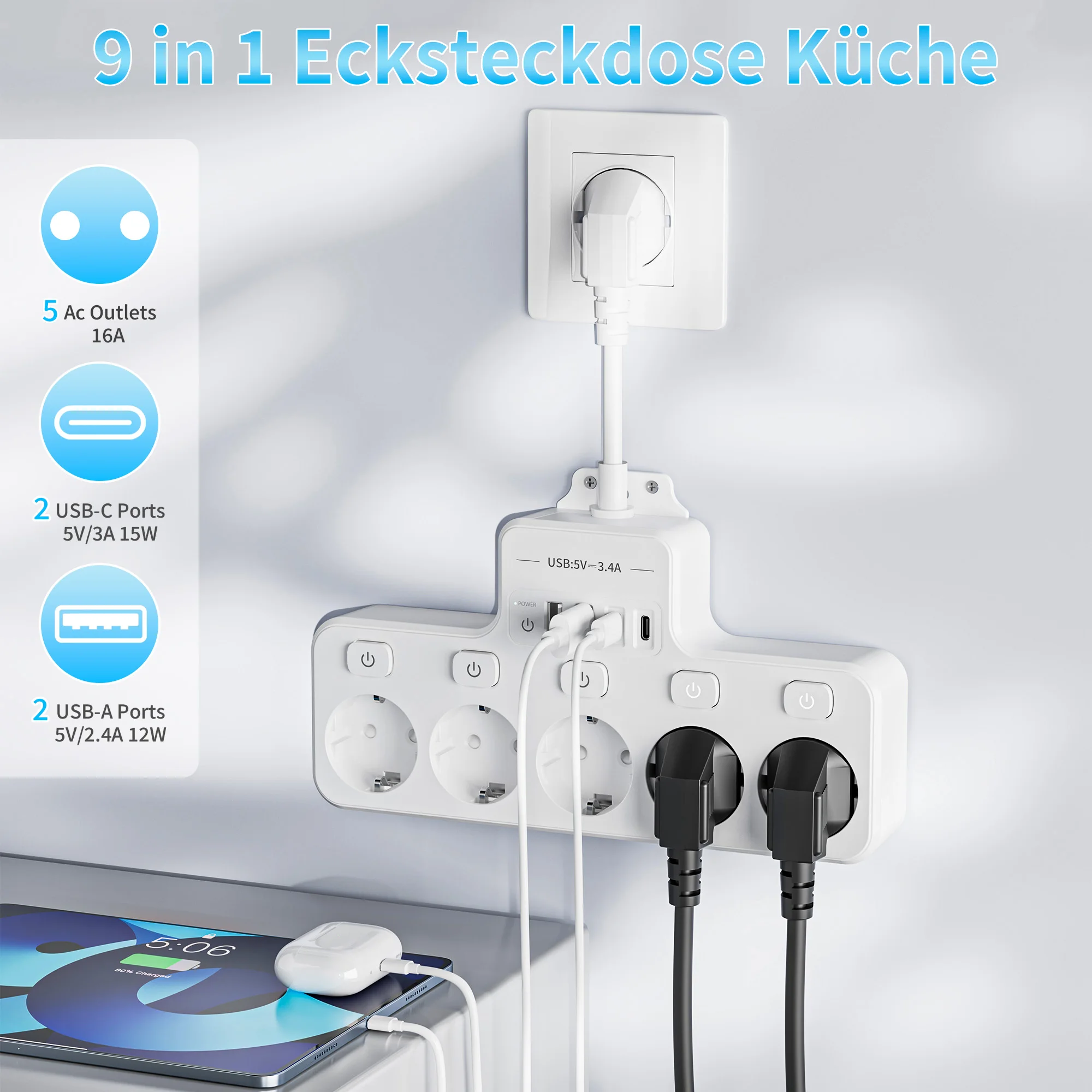 EU 9-in-1 USB wall power outlet with 2 USB-A; 2 USB-C; 5 AC power sockets; suitable for, living room, kitchen.