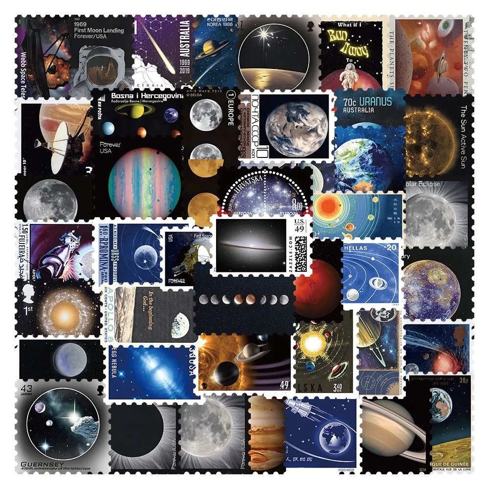 50PCS Interstellar Space Planets Stamps Transparent Stickers Creative Universe Aesthetic Decals Toy DIY Laptop Phone Guitar