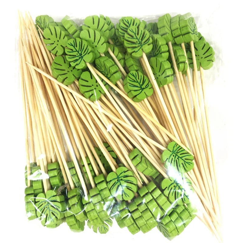 200Pc Bamboo Pick Buffet Tropical Leaves Cupcake Fruit Fork Dessert Salad Stick Cocktail Skewer For Party Decor