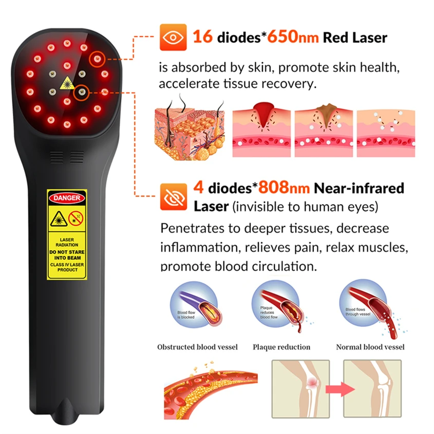 20 Diodi Terapia Laser Freddo 16x650nm 4x808nm Dispositivo di Fisioterapia Classe 3b Terapia Raggio Laser per Dolore Schiena Massaggiatore Cavalli di Cane