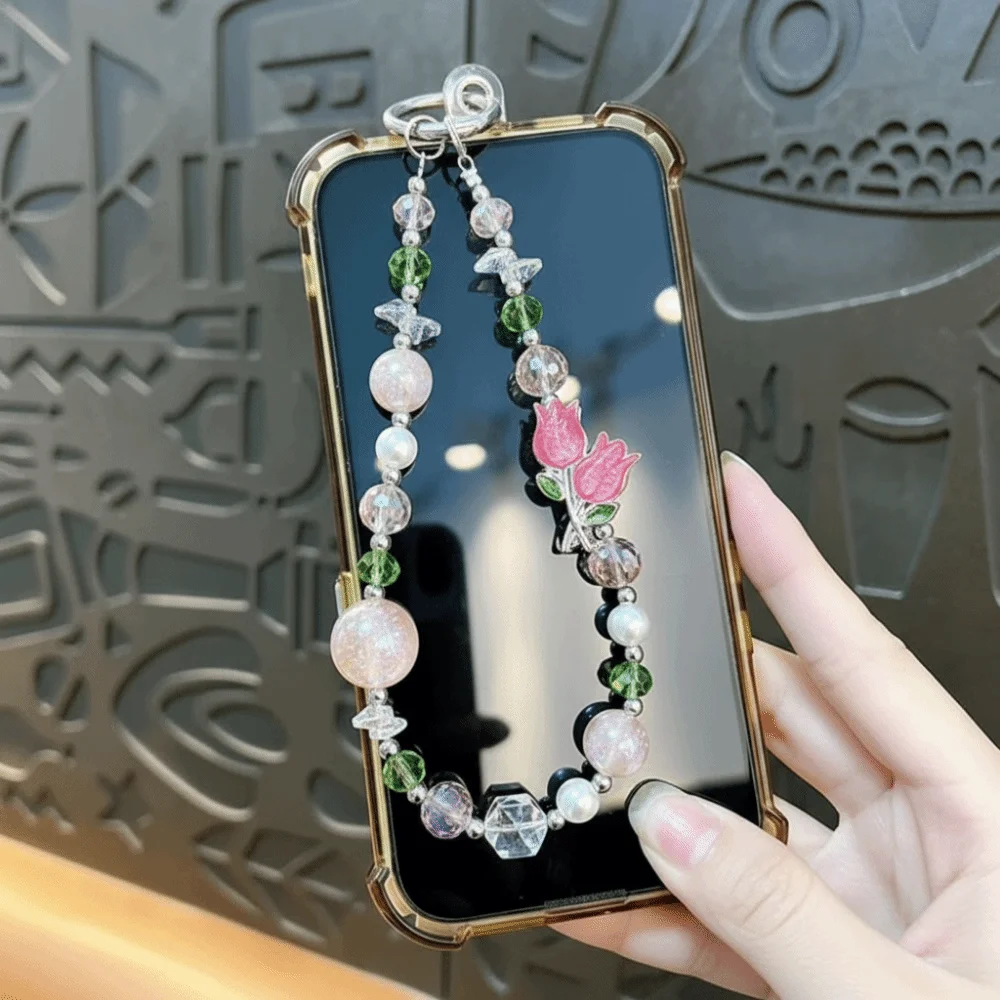 

Tulip Flower Crystal Bead Phone Strap Wrist Chain Pearl Cell Phone Chain Luxury Handheld Mobile Phone Lanyard New Year Gift