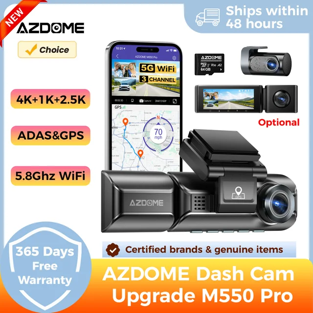 AZDOME M550 Pro 5.8Ghz WiFi 2/3-kanałowy rejestrator samochodowy 4K+2.5K z wbudowanym GPS, ekran IPS 3.19 cala, rejestrator jazdy samochodem z noktowizorem IR, tryb parkowania 24H