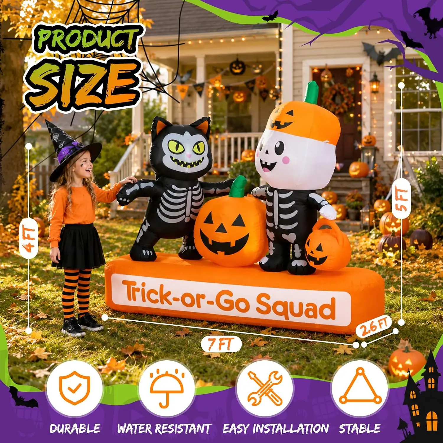 Halloween Inflatables 7FT with Lights - Trick-or-Treat Squad Blow Up Yard Decoration Featuring Skeleton Boy, Black Cat & Pumpkin Design, Perfect for Lawn, Garden, Porch and Parties