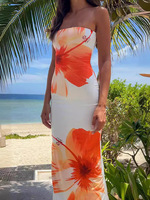 Women's Fashion Sexy Flower Print Strapless Long Dress Summer Vacation Elastic High Waist Slim Fit Party Evening Dress 2025