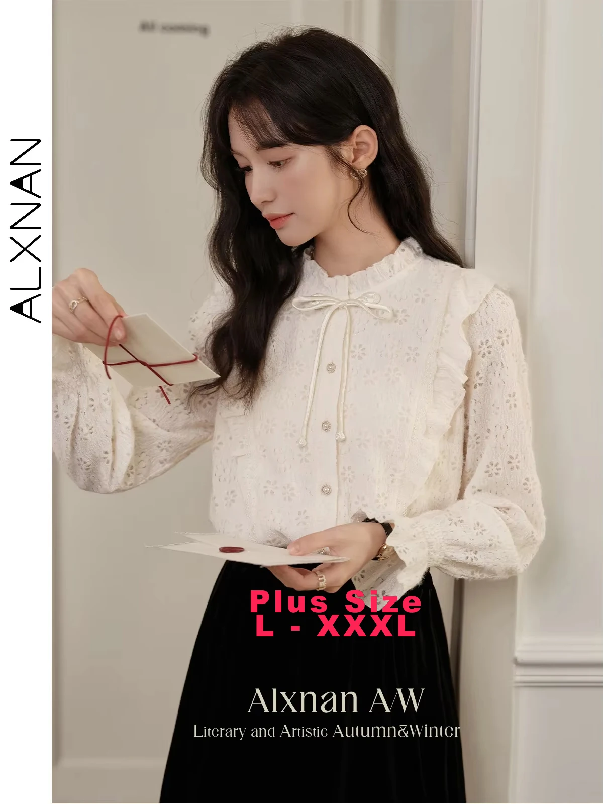 ALXNAN Plus Size Retro Shirts for Women Lace Crochet Hollow Design Agaric Edge O-neck Lace-up Bow Tops 2024 Autumn Winter D07715