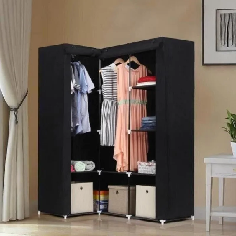 Schwarzer, abnehmbarer Eck-Kleiderschrank aus Vliesstoff, weicher Schlafzimmerschrank