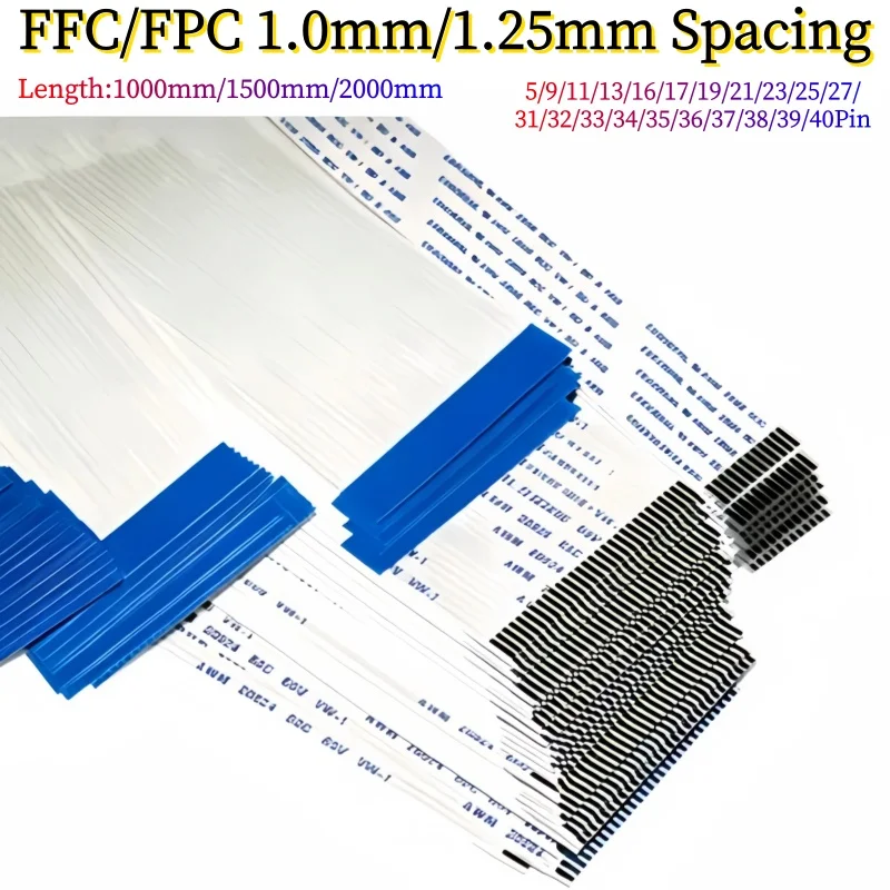 2PCS Extended Flexible FFC/FPC Cable 1.0/1.25mm Pitch 1000mm/1500mm/2000mm Length 5-40 Pin Connector for Electronics