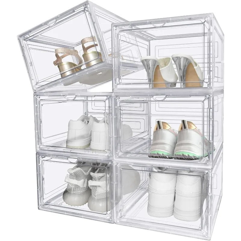 

Clear Shoe Storage Boxes Stackable - Upgraded Large Plastic Sneaker Storage Box with Lid, Magnetic Shoe Boxes Stackable