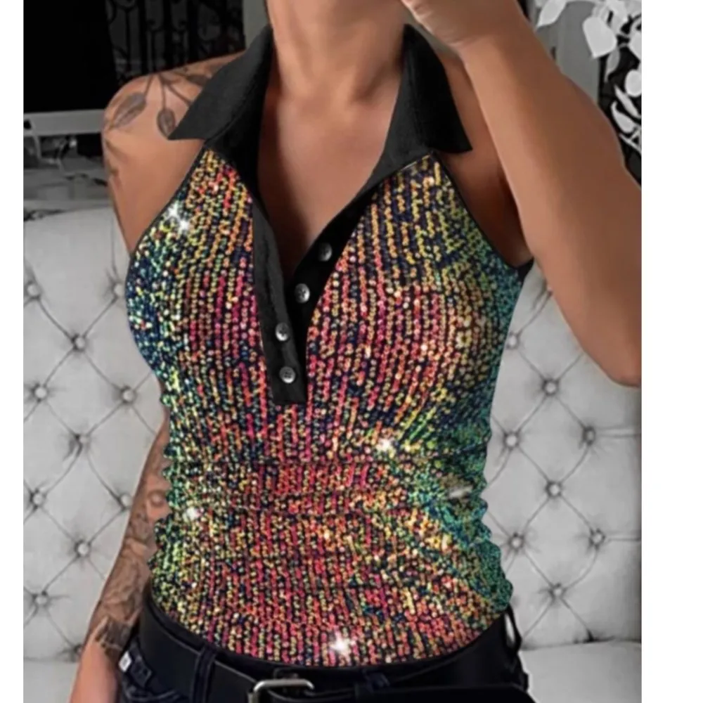 

Women's New Summer Fashion Sequin Lapel Button Slim Fit Sexy Sleeveless Off Shoulder Hanging Neck Vest Top