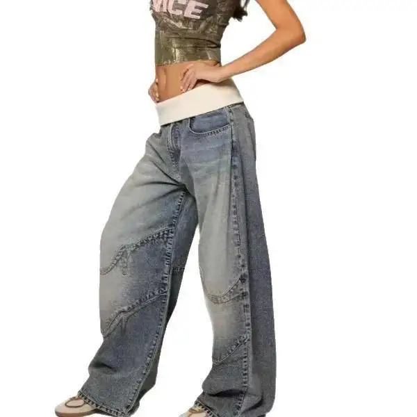 Vintage blue straight jeans for women, wide cut, American retro style, faded effect, casual