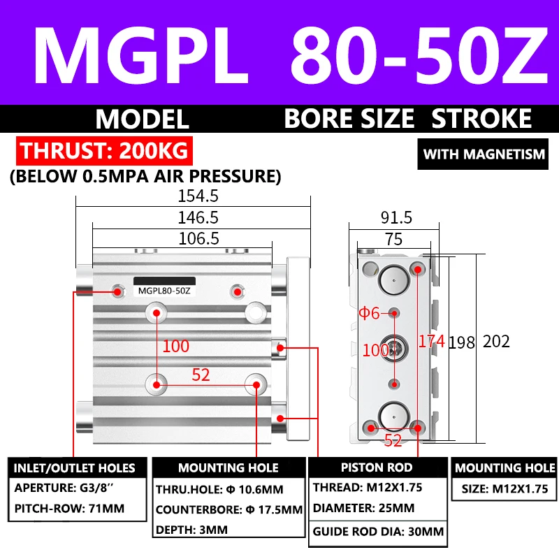 ABILKEEN MGPL80-50Z MGPL Three Axis Pneumatic Compact Guide Cylinder 80MM Bore X 50MM Stroke Three Axis Three Rod Air Cylinder