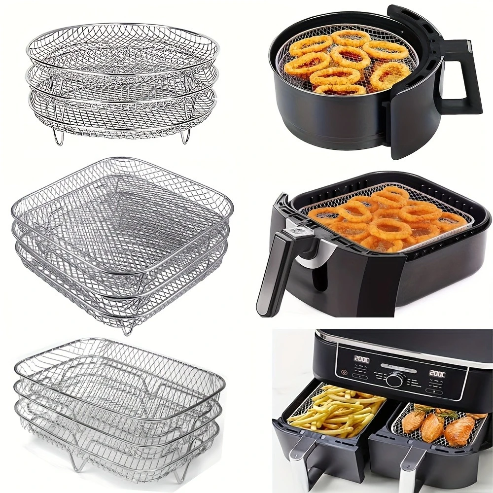 

3-Tier Stainless Steel Air Fryer Accessory-Stackable, Dishwasher Safe, Includes Round & Square Mesh Baskets,Grilling Rack
