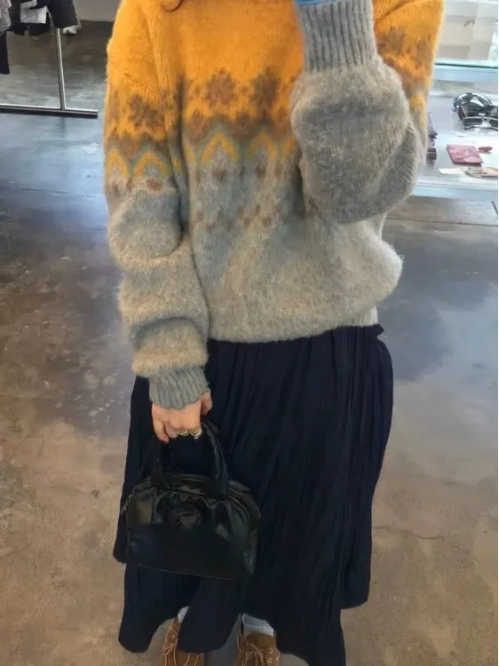 

Feilao Island Knitted Sweater Women's Loose Sle round Ne Pullover Autumn Winter Faion Soft Texture Korean Lazy Sle Top