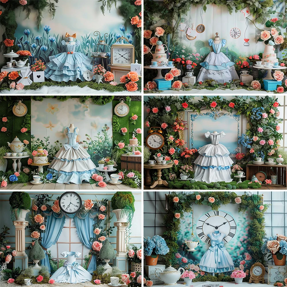 

Photography Background Alice Princess Forest Adventure Birthday Backdrop Blue Dress Bell Floral Decor Girl Tea Party Photoshoot