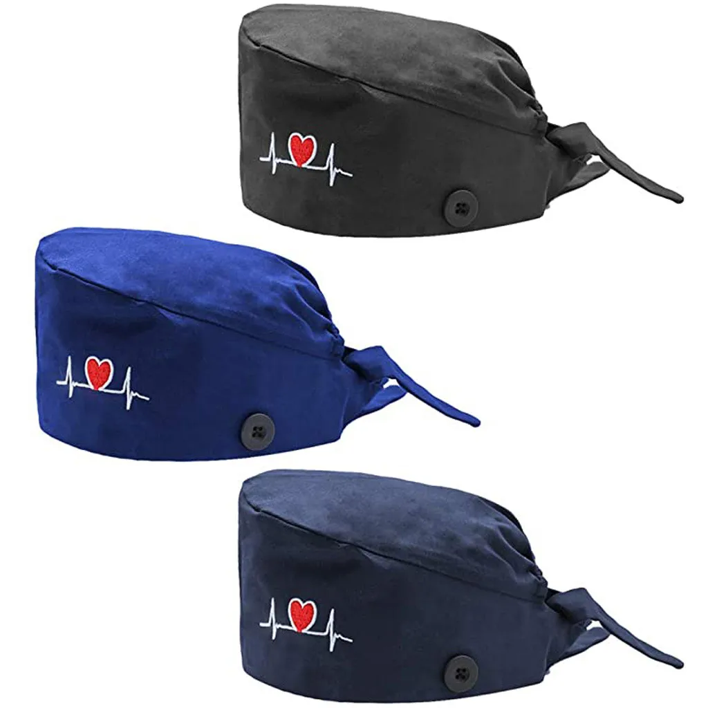 2 قطعة/3 قطعة زر الحب ضربات القلب التطريز القطن غرفة العمليات قبعة معاطف للأطباء والممرضات قبعة التجميل الغبار قبعة القرع